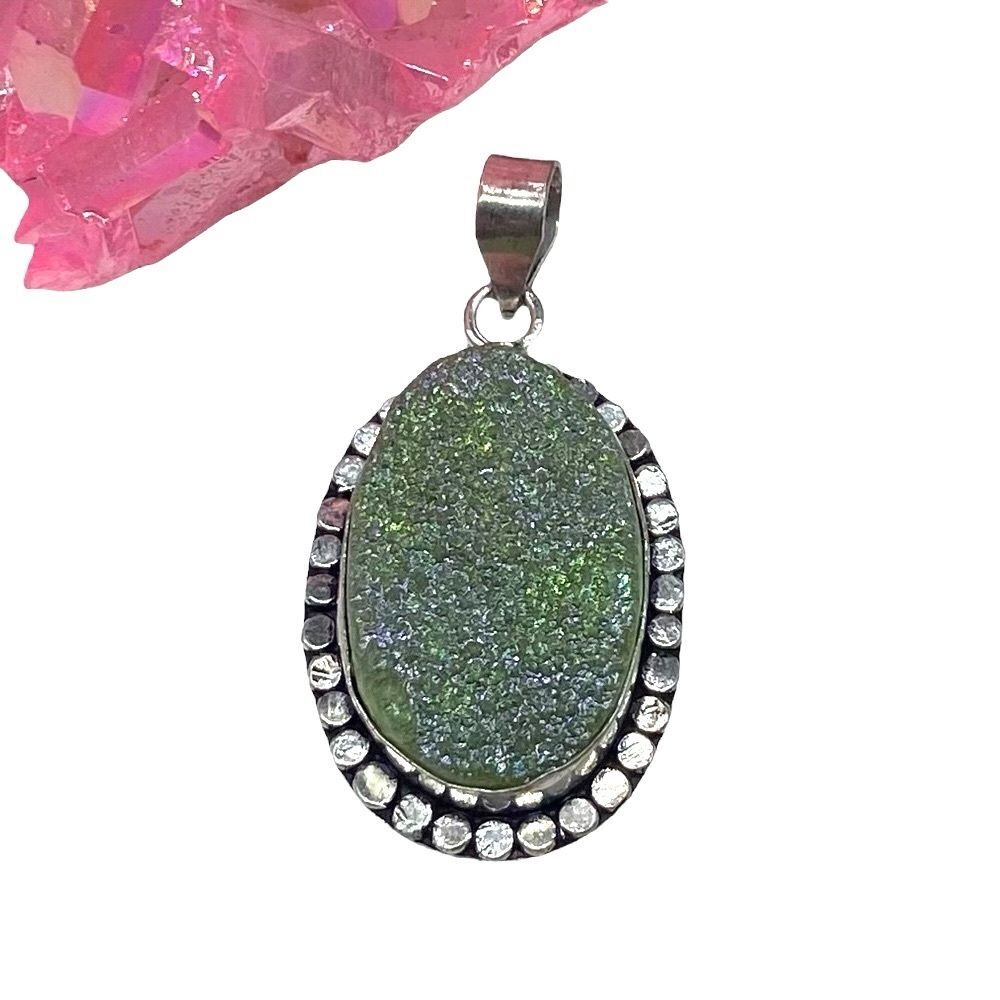 Titanium Druzy Necklace Pendant 925 Sterling Silver Overlay Stone Green
